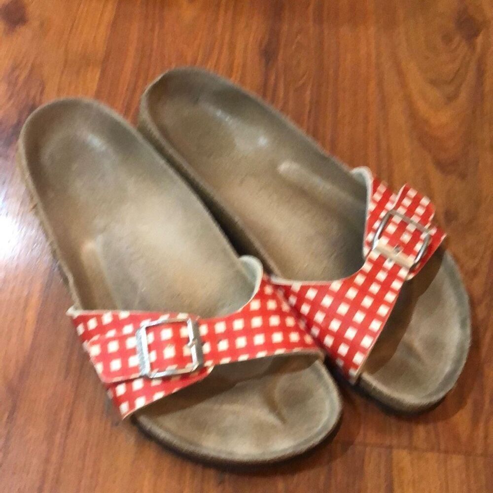 Papillio by Birkenstock red and white gingham slip on sandals, size 37